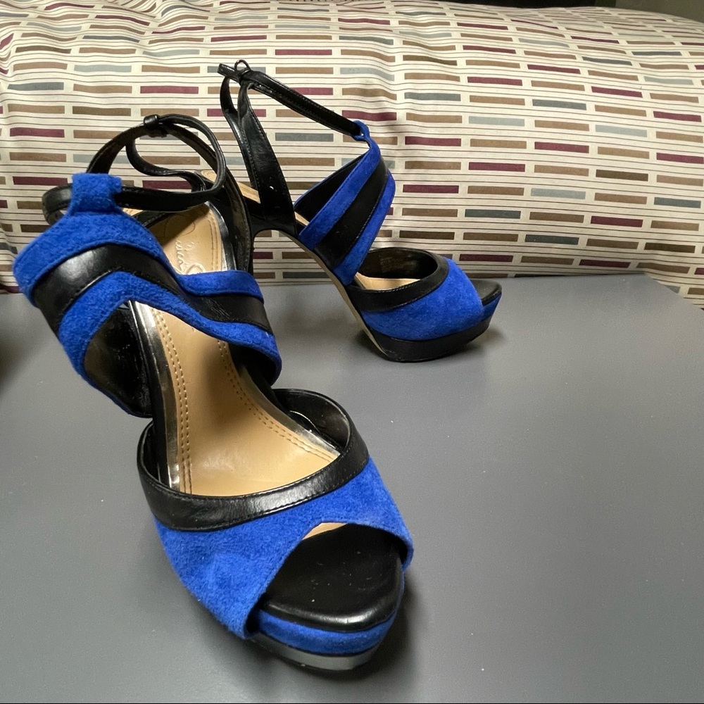 Used Jessica Simpson black and blue peep toe heels